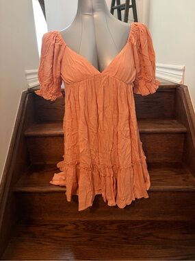 Sunset Peach Puff-Sleeve Mini Dress